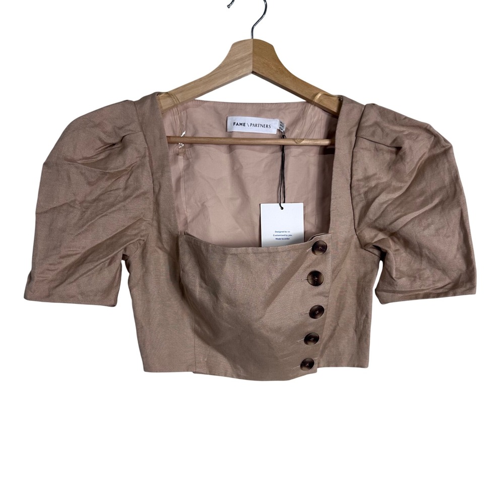 Fame & Partners Linen Puff Sleeve Side Button Crop Top US 2 resort summer classy